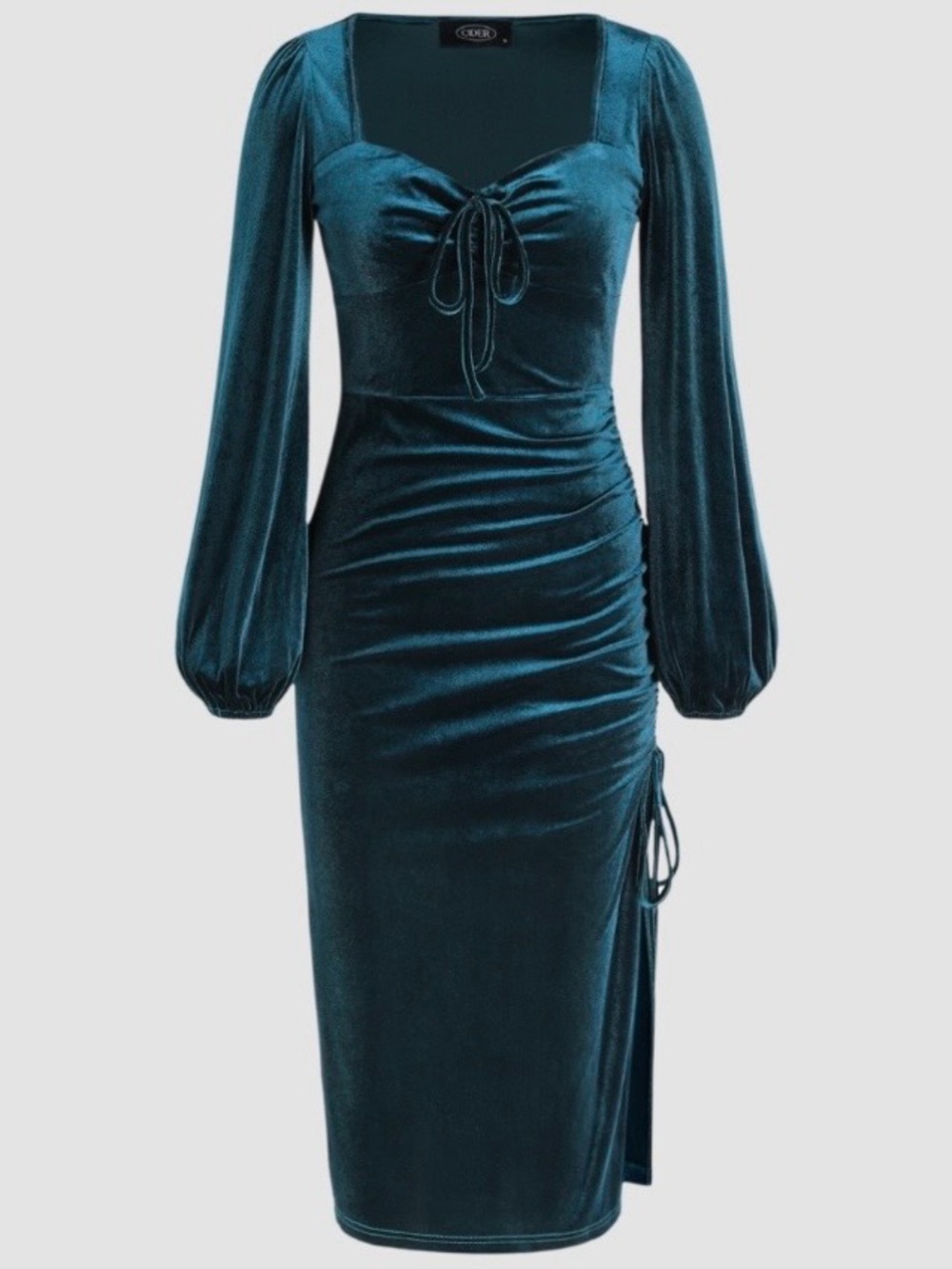 Cider NWT Teal Velvet Ruched Midi Dress with Bishop Sleeves